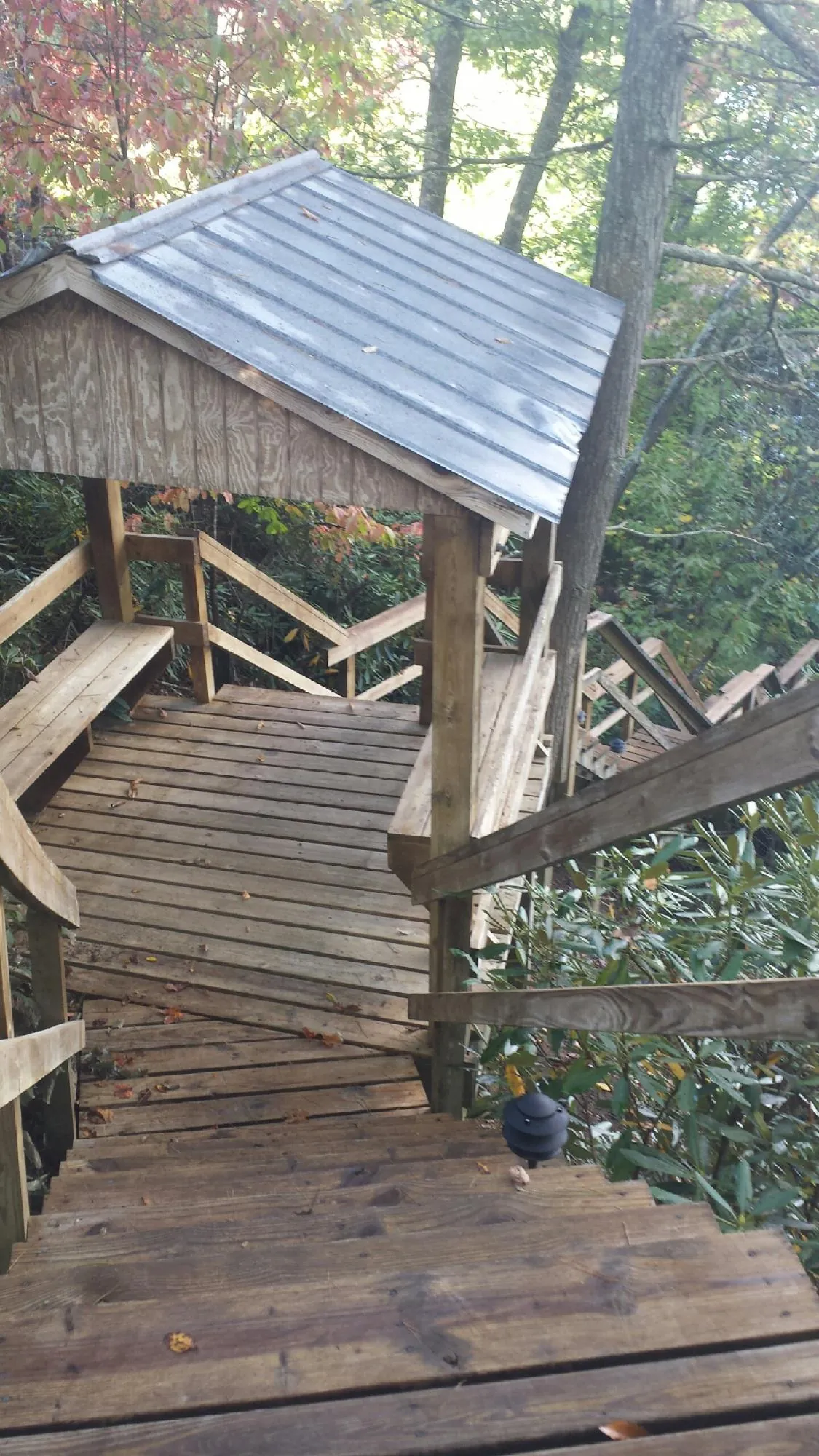 Metal roofed shelter over wooden steps on a wooded walkway — Skylight Repair & Installation work by our crew in Pillager